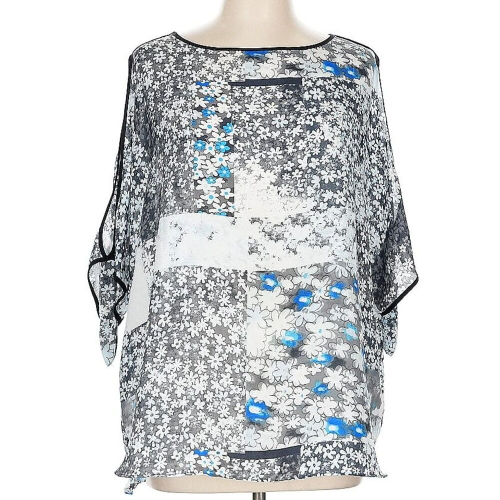 NYGARD Floral Print Sheer Blouse Top Size Large Gray Blue Black Accent Sleeve